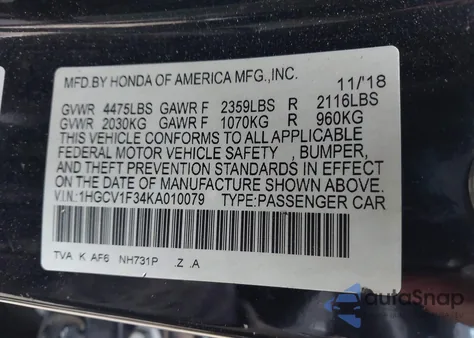 2019 Honda Accord Sport from USA, damaged, VIN 1HGCV1F34KA010079